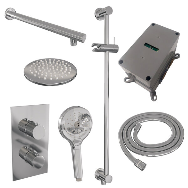 Brauer Brauer Chrome Carving Regendoucheset: Thermostatische Inbouwkraan met 3-Weg Omstel, Rechte Wandarm, Douchekop 20cm, Glijstang met Wateruitlaat, 3-Standen Handdouche & Doucheslang - Set 43 - Geribbeld Draaiknoppen - Chroom