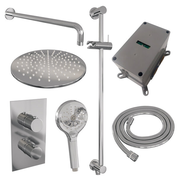 Brauer Brauer Chrome Carving Regendoucheset: Thermostatische Inbouwkraan met 3-Weg Omstel, Gebogen Wandarm, Douchekop 30cm, Glijstang met Wateruitlaat, 3-Standen Handdouche & Doucheslang - Set 46 - Geribbeld Draaiknoppen - Chroom