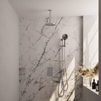 Brauer Brauer Chrome Carving Regendoucheset: Thermostatische Inbouwkraan met 3-Weg Omstel, Plafondarm, Douchekop 20cm, Glijstang met Wateruitlaat, 3-Standen Handdouche & Doucheslang - Set 47 - Geribbeld Draaiknoppen - Chroom