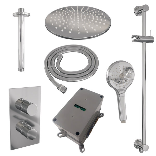 Brauer Brauer Chrome Carving Regendoucheset: Thermostatische Inbouwkraan met 3-Weg Omstel, Plafondarm, Douchekop 30cm, Glijstang met Wateruitlaat, 3-Standen Handdouche & Doucheslang - Set 48 - Geribbeld Draaiknoppen - Chroom