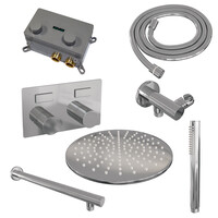 Brauer Brauer Chrome Carving Regendoucheset: Thermostatische Inbouwkraan met Drukknoppen, Rechte Wandarm, Douchekop 30cm, Wandhouder met Wateruitlaat, Staafhanddouche & Doucheslang - Set 50 - Geribbeld Draaiknoppen - Chroom