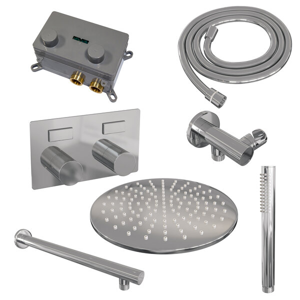 Brauer Brauer Chrome Carving Regendoucheset: Thermostatische Inbouwkraan met Drukknoppen, Rechte Wandarm, Douchekop 30cm, Wandhouder met Wateruitlaat, Staafhanddouche & Doucheslang - Set 50 - Geribbeld Draaiknoppen - Chroom