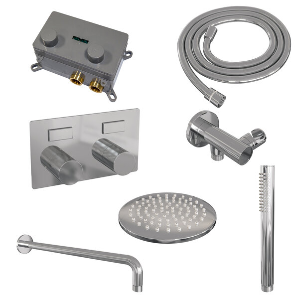 Brauer Brauer Chrome Carving Regendoucheset: Thermostatische Inbouwkraan met Drukknoppen, Gebogen Wandarm, Douchekop 20cm, Wandhouder met Wateruitlaat, Staafhanddouche & Doucheslang - Set 51 - Geribbeld Draaiknoppen - Chroom
