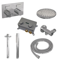 Brauer Brauer Chrome Carving Regendoucheset: Thermostatische Inbouwkraan met Drukknoppen, Plafondarm, Douchekop 20cm, Wandhouder met Wateruitlaat, Staafhanddouche & Doucheslang - Set 53 - Geribbeld Draaiknoppen - Chroom