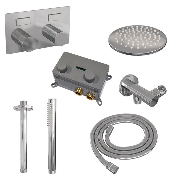 Brauer Brauer Chrome Carving Regendoucheset: Thermostatische Inbouwkraan met Drukknoppen, Plafondarm, Douchekop 20cm, Wandhouder met Wateruitlaat, Staafhanddouche & Doucheslang - Set 53 - Geribbeld Draaiknoppen - Chroom