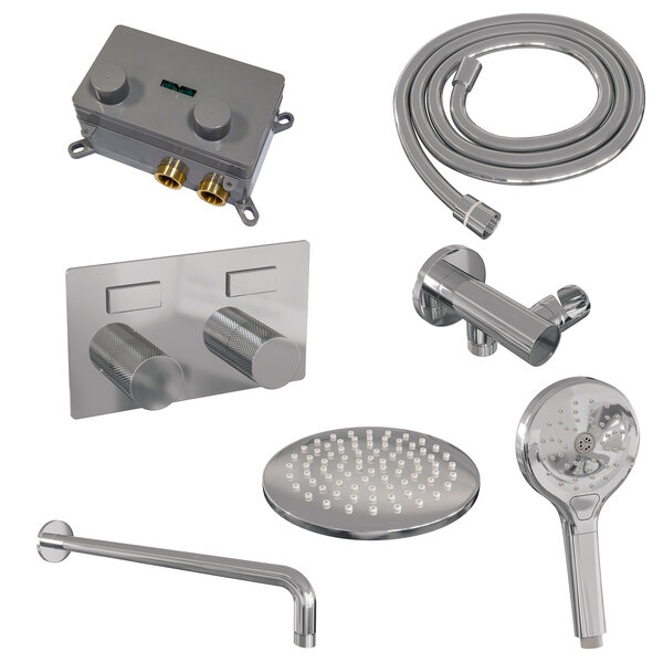 Brauer Brauer Chrome Carving Regendoucheset: Thermostatische Inbouwkraan met Drukknoppen, Gebogen Wandarm, Douchekop 20cm, Wandhouder met Wateruitlaat, 3-Standen Handdouche & Doucheslang - Set 57 - Geribbeld Draaiknoppen - Chroom