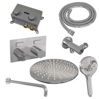 Brauer Brauer Chrome Carving Regendoucheset: Thermostatische Inbouwkraan met Drukknoppen, Gebogen Wandarm, Douchekop 30cm, Wandhouder met Wateruitlaat, 3-Standen Handdouche & Doucheslang - Set 58 - Geribbeld Draaiknoppen - Chroom