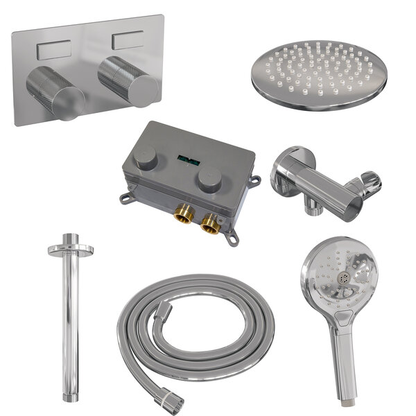 Brauer Brauer Chrome Carving Regendoucheset: Thermostatische Inbouwkraan met Drukknoppen, Plafondarm, Douchekop 20cm, Wandhouder met Wateruitlaat, 3-Standen Handdouche & Doucheslang - Set 59 - Geribbeld Draaiknoppen - Chroom