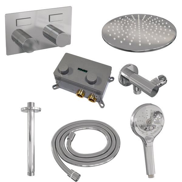 Brauer Brauer Chrome Carving Regendoucheset: Thermostatische Inbouwkraan met Drukknoppen, Plafondarm, Douchekop 30cm, Wandhouder met Wateruitlaat, 3-Standen Handdouche & Doucheslang - Set 60 - Geribbeld Draaiknoppen - Chroom