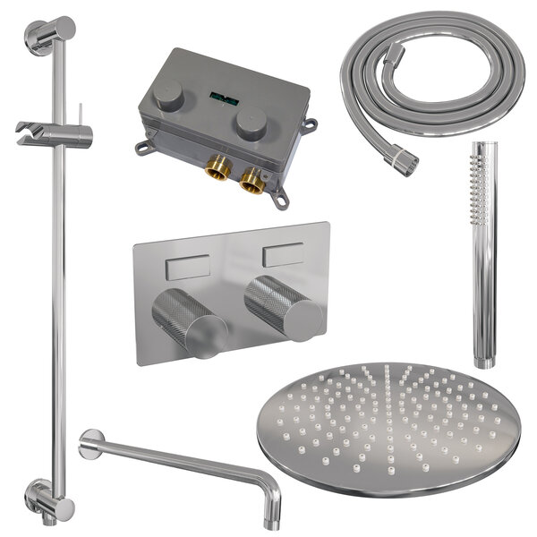Brauer Brauer Chrome Carving Regendoucheset: Thermostatische Inbouwkraan met Drukknoppen, Gebogen Wandarm, Douchekop 30cm, Glijstang met Wateruitlaat, Staafhanddouche & Doucheslang - Set 64 - Geribbeld Draaiknoppen - Chroom