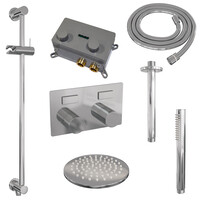 Brauer Brauer Chrome Carving Regendoucheset: Thermostatische Inbouwkraan met Drukknoppen, Plafondarm, Douchekop 20cm, Glijstang met Wateruitlaat, Staafhanddouche & Doucheslang - Set 65 - Geribbeld Draaiknoppen - Chroom