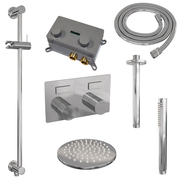Brauer Brauer Chrome Carving Regendoucheset: Thermostatische Inbouwkraan met Drukknoppen, Plafondarm, Douchekop 20cm, Glijstang met Wateruitlaat, Staafhanddouche & Doucheslang - Set 65 - Geribbeld Draaiknoppen - Chroom