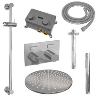 Brauer Brauer Chrome Carving Regendoucheset: Thermostatische Inbouwkraan met Drukknoppen, Plafondarm, Douchekop 30cm, Glijstang met Wateruitlaat, Staafhanddouche & Doucheslang - Set 66 - Geribbeld Draaiknoppen - Chroom
