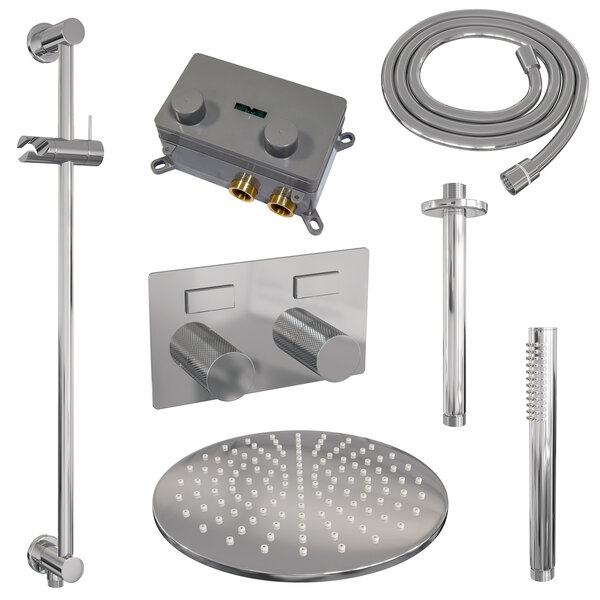 Brauer Brauer Chrome Carving Regendoucheset: Thermostatische Inbouwkraan met Drukknoppen, Plafondarm, Douchekop 30cm, Glijstang met Wateruitlaat, Staafhanddouche & Doucheslang - Set 66 - Geribbeld Draaiknoppen - Chroom