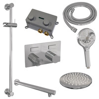 Brauer Brauer Chrome Carving Regendoucheset: Thermostatische Inbouwkraan met Drukknoppen, Rechte Wandarm, Douchekop 20cm, Glijstang met Wateruitlaat, 3-Standen Handdouche & Doucheslang - Set 67 - Geribbeld Draaiknoppen - Chroom