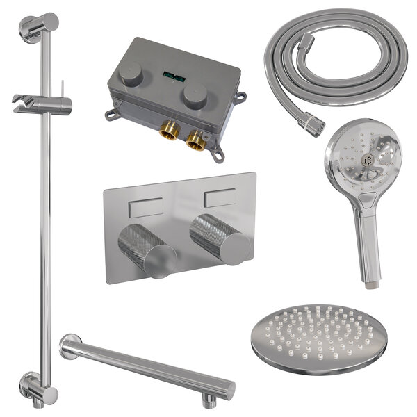 Brauer Brauer Chrome Carving Regendoucheset: Thermostatische Inbouwkraan met Drukknoppen, Rechte Wandarm, Douchekop Ø20cm, Glijstang met Wateruitlaat, 3-Standen Handdouche & Doucheslang - Set 67 - Geribbeld Draaiknoppen - Chroom