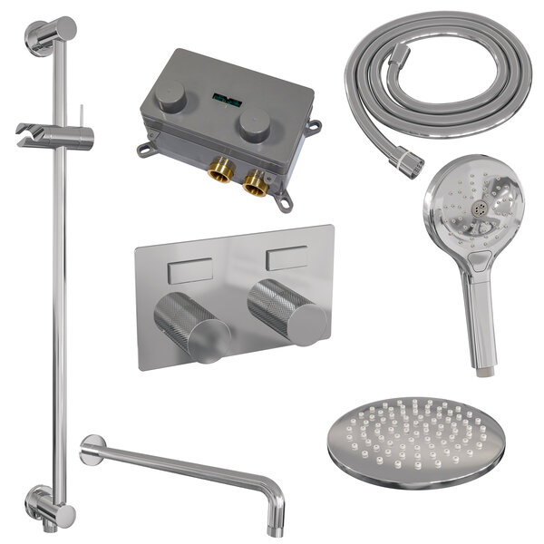 Brauer Brauer Chrome Carving Regendoucheset: Thermostatische Inbouwkraan met Drukknoppen, Gebogen Wandarm, Douchekop Ø20cm, Glijstang met Wateruitlaat, 3-Standen Handdouche & Doucheslang - Set 69 - Geribbeld Draaiknoppen - Chroom