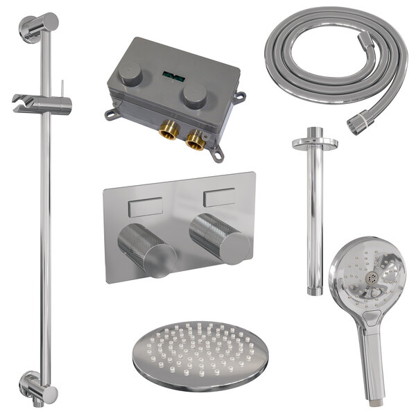 Brauer Brauer Chrome Carving Regendoucheset: Thermostatische Inbouwkraan met Drukknoppen, Plafondarm, Douchekop 20cm, Glijstang met Wateruitlaat, 3-Standen Handdouche & Doucheslang - Set 71 - Geribbeld Draaiknoppen - Chroom