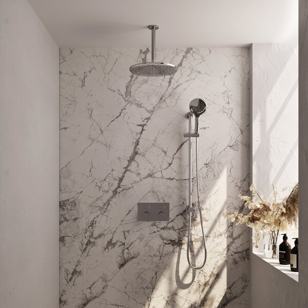 Brauer Brauer Chrome Carving Regendoucheset: Thermostatische Inbouwkraan met Drukknoppen, Plafondarm, Douchekop 30cm, Glijstang met Wateruitlaat, 3-Standen Handdouche & Doucheslang - Set 72 - Geribbeld Draaiknoppen - Chroom