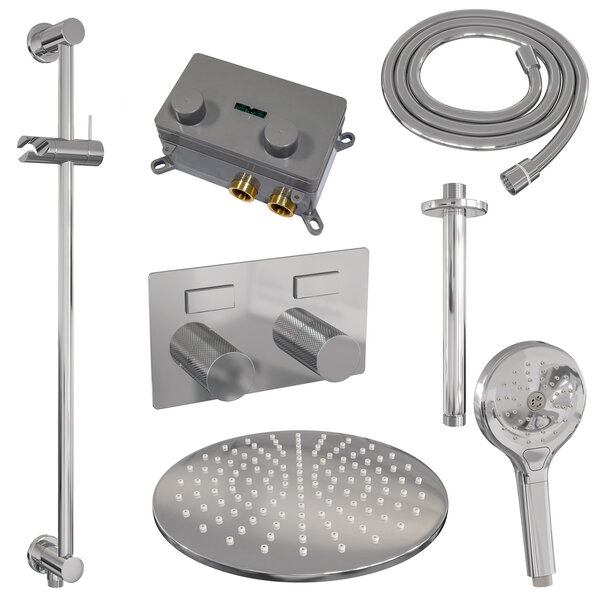 Brauer Brauer Chrome Carving Regendoucheset: Thermostatische Inbouwkraan met Drukknoppen, Plafondarm, Douchekop 30cm, Glijstang met Wateruitlaat, 3-Standen Handdouche & Doucheslang - Set 72 - Geribbeld Draaiknoppen - Chroom