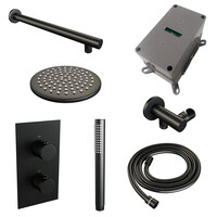 Brauer Brauer Black Carving Regendoucheset: Thermostatische Inbouwkraan met 3-Weg Omstel, Rechte Wandarm, Douchekop 20cm, Wandhouder met Wateruitlaat, Staafhanddouche & Doucheslang - Set 25 - Geribbeld Draaiknoppen - Mat Zwart