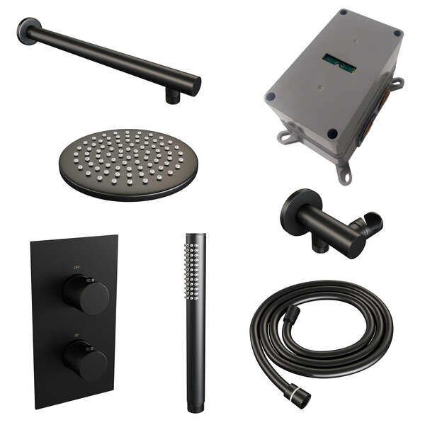 Brauer Brauer Black Carving Regendoucheset: Thermostatische Inbouwkraan met 3-Weg Omstel, Rechte Wandarm, Douchekop 20cm, Wandhouder met Wateruitlaat, Staafhanddouche & Doucheslang - Set 25 - Geribbeld Draaiknoppen - Mat Zwart