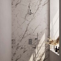 Brauer Brauer Brushed Carving Regendoucheset: Thermostatische Inbouwkraan met 3-Weg Omstel, Rechte Wandarm, Douchekop 20cm, Wandhouder met Wateruitlaat, Staafhanddouche & Doucheslang - Set 25 - Geribbeld Draaiknoppen - PVD - Geborsteld RVS