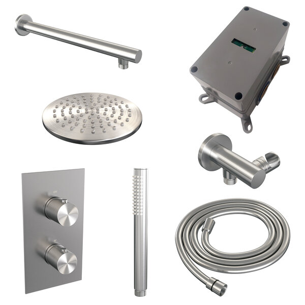 Brauer Brauer Brushed Carving Regendoucheset: Thermostatische Inbouwkraan met 3-Weg Omstel, Rechte Wandarm, Douchekop 20cm, Wandhouder met Wateruitlaat, Staafhanddouche & Doucheslang - Set 25 - Geribbeld Draaiknoppen - PVD - Geborsteld RVS