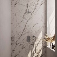 Brauer Brauer Brushed Carving Regendoucheset: Thermostatische Inbouwkraan met 3-Weg Omstel, Gebogen Wandarm, Douchekop 20cm, Wandhouder met Wateruitlaat, Staafhanddouche & Doucheslang - Set 27 - Geribbeld Draaiknoppen - PVD - Geborsteld RVS