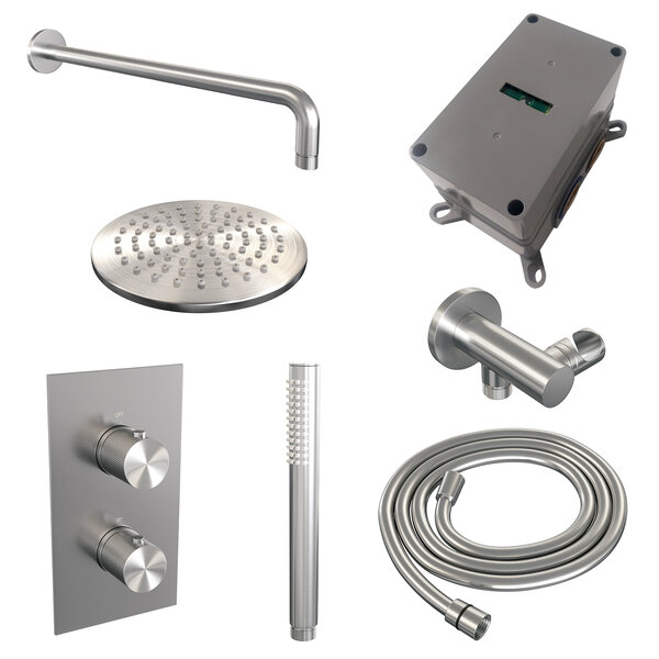 Brauer Brauer Brushed Carving Regendoucheset: Thermostatische Inbouwkraan met 3-Weg Omstel, Gebogen Wandarm, Douchekop 20cm, Wandhouder met Wateruitlaat, Staafhanddouche & Doucheslang - Set 27 - Geribbeld Draaiknoppen - PVD - Geborsteld RVS