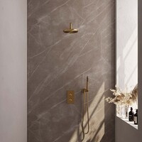 Brauer Brauer Gold Carving Regendoucheset: Thermostatische Inbouwkraan met 3-Weg Omstel, Gebogen Wandarm, Douchekop 20cm, Wandhouder met Wateruitlaat, Staafhanddouche & Doucheslang - Set 27 - Geribbeld Draaiknoppen - PVD - Geborsteld Goud