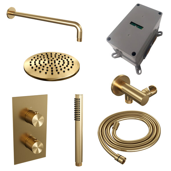 Brauer Brauer Gold Carving Regendoucheset: Thermostatische Inbouwkraan met 3-Weg Omstel, Gebogen Wandarm, Douchekop Ø20cm, Wandhouder met Wateruitlaat, Staafhanddouche & Doucheslang - Set 27 - Geribbeld Draaiknoppen - PVD - Geborsteld Goud