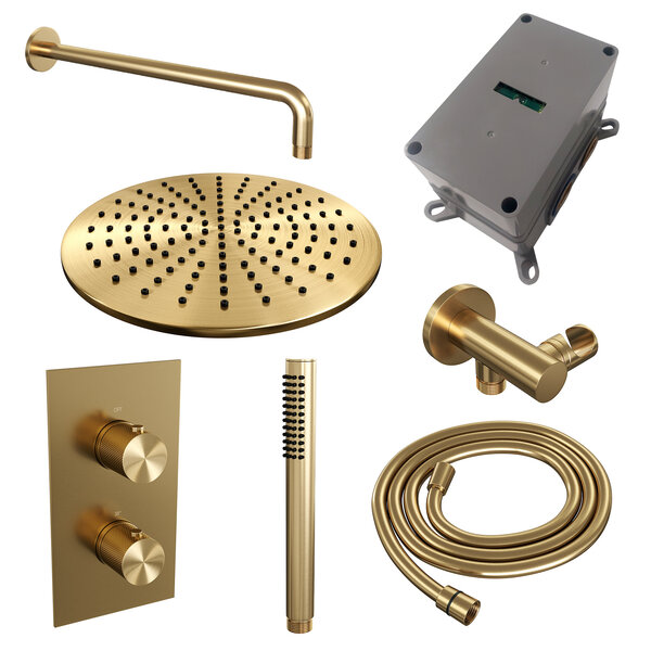 Brauer Brauer Gold Carving Regendoucheset: Thermostatische Inbouwkraan met 3-Weg Omstel, Gebogen Wandarm, Douchekop 30cm, Wandhouder met Wateruitlaat, Staafhanddouche & Doucheslang - Set 28 - Geribbeld Draaiknoppen - PVD - Geborsteld Goud