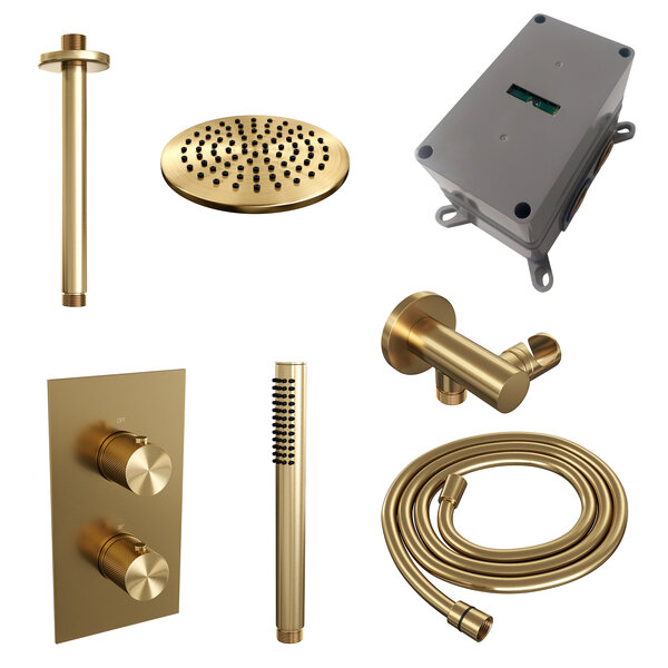 Brauer Brauer Gold Carving Regendoucheset: Thermostatische Inbouwkraan met 3-Weg Omstel, Plafondarm, Douchekop 20cm, Wandhouder met Wateruitlaat, Staafhanddouche & Doucheslang - Set 29 - Geribbeld Draaiknoppen - PVD - Geborsteld Goud