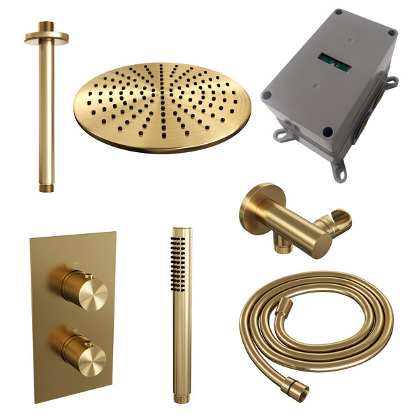 Brauer Brauer Gold Carving Regendoucheset: Thermostatische Inbouwkraan met 3-Weg Omstel, Plafondarm, Douchekop Ø30cm, Wandhouder met Wateruitlaat, Staafhanddouche & Doucheslang - Set 30 - Geribbeld Draaiknoppen - PVD - Geborsteld Goud