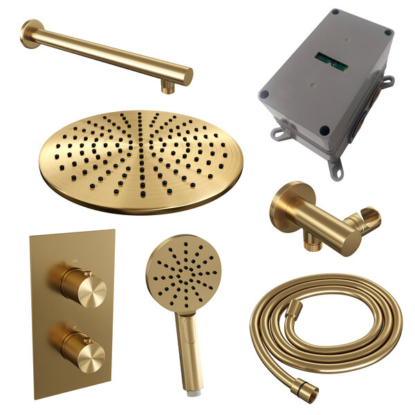 Brauer Brauer Gold Carving Regendoucheset: Thermostatische Inbouwkraan met 3-Weg Omstel, Rechte Wandarm, Douchekop 30cm, Wandhouder met Wateruitlaat, 3-Standen Handdouche & Doucheslang - Set 32 - Geribbeld Draaiknoppen - PVD - Geborsteld Goud