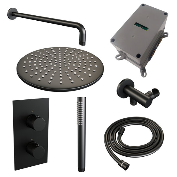 Brauer Brauer Black Carving Regendoucheset: Thermostatische Inbouwkraan met 3-Weg Omstel, Gebogen Wandarm, Douchekop 30cm, Wandhouder met Wateruitlaat, Staafhanddouche & Doucheslang - Set 28 - Geribbeld Draaiknoppen - Mat Zwart