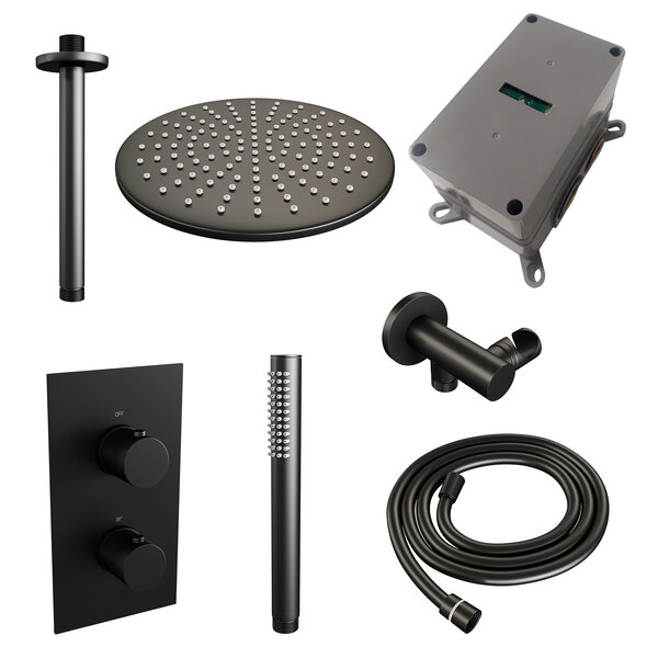 Brauer Brauer Black Carving Regendoucheset: Thermostatische Inbouwkraan met 3-Weg Omstel, Plafondarm, Douchekop 30cm, Wandhouder met Wateruitlaat, Staafhanddouche & Doucheslang - Set 30 - Geribbeld Draaiknoppen - Mat Zwart
