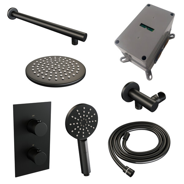 Brauer Brauer Black Carving Regendoucheset: Thermostatische Inbouwkraan met 3-Weg Omstel, Rechte Wandarm, Douchekop 20cm, Wandhouder met Wateruitlaat, 3-Standen Handdouche & Doucheslang - Set 31 - Geribbeld Draaiknoppen - Mat Zwart