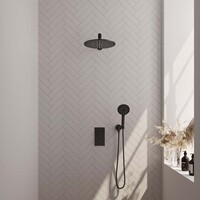 Brauer Brauer Black Carving Regendoucheset: Thermostatische Inbouwkraan met 3-Weg Omstel, Rechte Wandarm, Douchekop 30cm, Wandhouder met Wateruitlaat, 3-Standen Handdouche & Doucheslang - Set 32 - Geribbeld Draaiknoppen - Mat Zwart