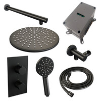 Brauer Brauer Black Carving Regendoucheset: Thermostatische Inbouwkraan met 3-Weg Omstel, Rechte Wandarm, Douchekop 30cm, Wandhouder met Wateruitlaat, 3-Standen Handdouche & Doucheslang - Set 32 - Geribbeld Draaiknoppen - Mat Zwart