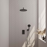 Brauer Brauer Black Carving Regendoucheset: Thermostatische Inbouwkraan met 3-Weg Omstel, Gebogen Wandarm, Douchekop 30cm, Wandhouder met Wateruitlaat, 3-Standen Handdouche & Doucheslang - Set 34 - Geribbeld Draaiknoppen - Mat Zwart