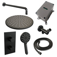 Brauer Brauer Black Carving Regendoucheset: Thermostatische Inbouwkraan met 3-Weg Omstel, Gebogen Wandarm, Douchekop 30cm, Wandhouder met Wateruitlaat, 3-Standen Handdouche & Doucheslang - Set 34 - Geribbeld Draaiknoppen - Mat Zwart