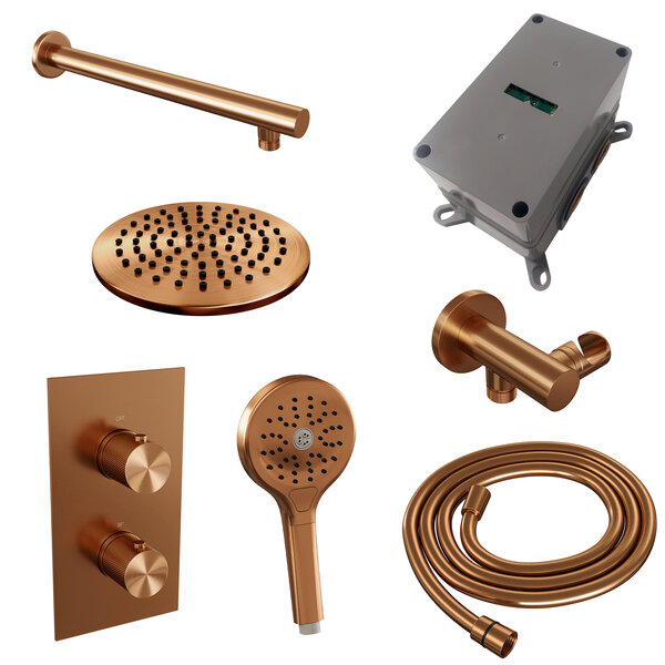 Brauer Brauer Copper Carving Regendoucheset: Thermostatische Inbouwkraan met 3-Weg Omstel, Rechte Wandarm, Douchekop Ø20cm, Wandhouder met Wateruitlaat, 3-Standen Handdouche & Doucheslang - Set 31 - Geribbeld Draaiknoppen - PVD - Geborsteld Koper