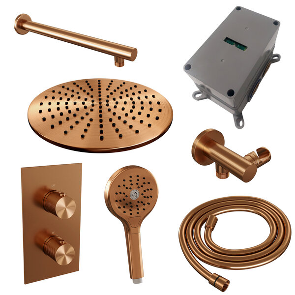 Brauer Brauer Copper Carving Regendoucheset: Thermostatische Inbouwkraan met 3-Weg Omstel, Rechte Wandarm, Douchekop 30cm, Wandhouder met Wateruitlaat, 3-Standen Handdouche & Doucheslang - Set 32 - Geribbeld Draaiknoppen - PVD - Geborsteld Koper