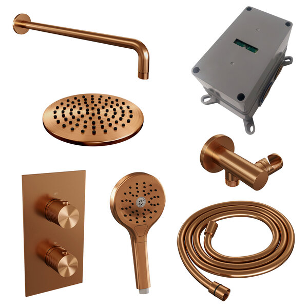 Brauer Brauer Copper Carving Regendoucheset: Thermostatische Inbouwkraan met 3-Weg Omstel, Gebogen Wandarm, Douchekop Ø20cm, Wandhouder met Wateruitlaat, 3-Standen Handdouche & Doucheslang - Set 33 - Geribbeld Draaiknoppen - PVD - Geborsteld Koper