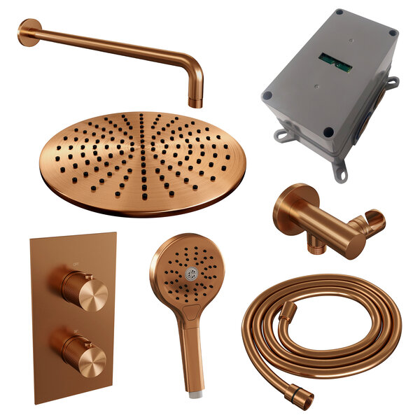 Brauer Brauer Copper Carving Regendoucheset: Thermostatische Inbouwkraan met 3-Weg Omstel, Gebogen Wandarm, Douchekop Ø30cm, Wandhouder met Wateruitlaat, 3-Standen Handdouche & Doucheslang - Set 34 - Geribbeld Draaiknoppen - PVD - Geborsteld Koper