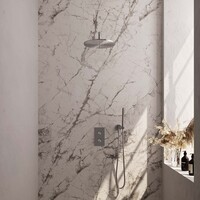 Brauer Brauer Brushed Carving Regendoucheset: Thermostatische Inbouwkraan met 3-Weg Omstel, Gebogen Wandarm, Douchekop 30cm, Wandhouder met Wateruitlaat, Staafhanddouche & Doucheslang - Set 28 - Geribbeld Draaiknoppen - PVD - Geborsteld RVS
