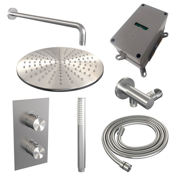 Brauer Brauer Brushed Carving Regendoucheset: Thermostatische Inbouwkraan met 3-Weg Omstel, Gebogen Wandarm, Douchekop 30cm, Wandhouder met Wateruitlaat, Staafhanddouche & Doucheslang - Set 28 - Geribbeld Draaiknoppen - PVD - Geborsteld RVS