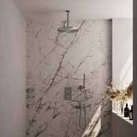 Brauer Brauer Brushed Carving Regendoucheset: Thermostatische Inbouwkraan met 3-Weg Omstel, Plafondarm, Douchekop 30cm, Wandhouder met Wateruitlaat, Staafhanddouche & Doucheslang - Set 30 - Geribbeld Draaiknoppen - PVD - Geborsteld RVS